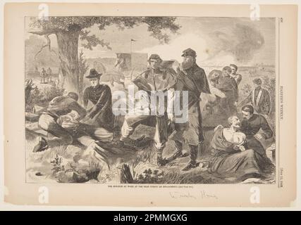 Print, the Surgeon at Work at the Rear during an Engagement; Winslow Homer (amerikanisch, 1836–1910); Herausgegeben von Harper's Weekly; USA; Holzgravierung in schwarzer Tinte auf Papier; Bild: 23,4 x 35 cm (9 3/16 x 13 3/4 Zoll) Stockfoto