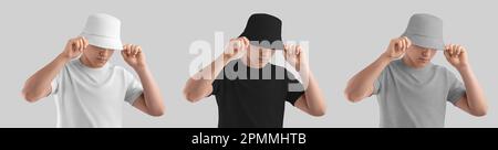 Modell mit weißem, schwarzem Kopfschmuck auf dem Typ im T-Shirt, Hut für Design, Muster, Vorderansicht. Schablone des stilvollen panamas, isoliert auf dem Rücken Stockfoto