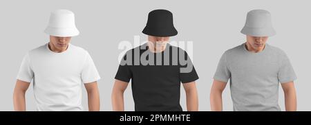 Modell einer weißen, schwarzen, melierten Mütze auf einem Kerl in einem T-Shirt, panama für Design, Aufdruck, Branding. Vorlage einer modischen Mütze zum Sonnenschutz, Uni Stockfoto