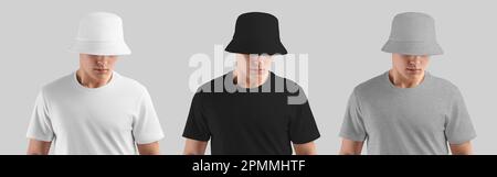 Modell eines weißen, schwarzen Hut mit meliertem Schirm auf einem Kerl in einem T-Shirt, universeller Sonnenschutz, stilvolles Accessoire, isoliert auf Hintergrund. Fertig. Panama Stockfoto