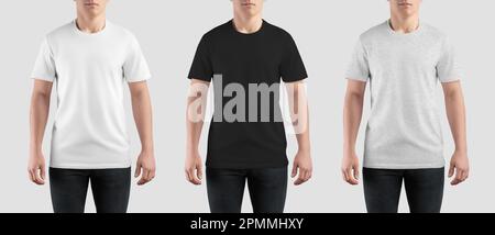 Mockup eines trendigen weißen, schwarzen, melierten T-Shirts auf Guy, leere Kleidung für Design, Aufdruck, Branding, Vorderansicht. Set aus lässigen Hemden für Herren. Mode AP Stockfoto