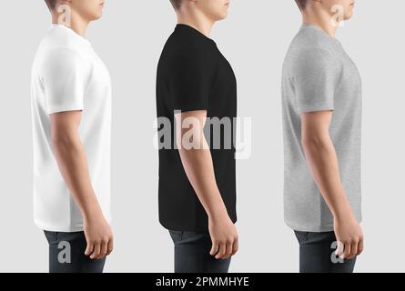 Weiß, schwarz, meliert mit einer Schablone auf Guy, Seitenansicht, trendiges T-Shirt für Muster, Branding, Design. Stylisches Bekleidungsmodell für den Handel, Werbeaktion. Stockfoto