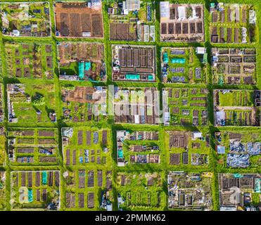 Leeds, Großbritannien. 14. April 2023 UK Weather: Der Frühlingssonnenschein badet Alwoodley Allotments, West Yorkshire, in Sonnenlicht. Ein Luftbild der Muster von Hochbeeten und Gemüseflecken bei sonnigem Wetter bietet Gärtnern eine gute Aussicht. Kredit: Bradley Taylor / Alamy Live News Stockfoto