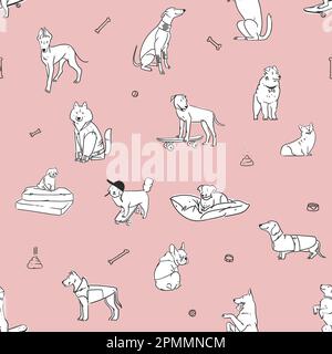 Handgezeichneter Vektor abstrakte grafische Linien Kunst nahtloses Muster mit verschiedenen niedlichen Zeichentrickhunden Figuren.Vektordarstellung lustiger Zeichentrickfilme anders Stock Vektor