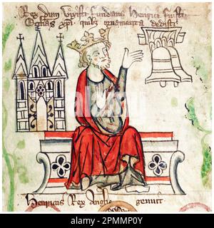 Heinrich III. Von England (1207-1272), auch bekannt als Henry von Winchester, König von England (1216-1272) mit einer Fassade der Westminster Abbey, beleuchtetes Manuskript Porträtgemälde von Peter von Langtoft, 1307-1327 Stockfoto