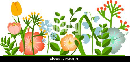 Dekorativer Rahmen aus verschiedenen Sommer- und Frühlingsgärten mit Blumen und Blättern Stock Vektor
