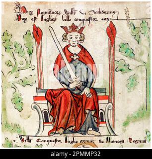 Wilhelm der Eroberer, Wilhelm I. von England (ca. 1028-1087), erster Norman, König von England (1066-1087), beleuchtetes Manuskript-Porträtgemälde von Peter von Langtoft, 1307-1327 Stockfoto