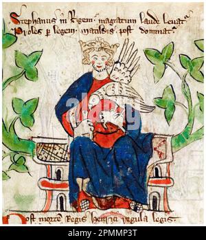 Stephen von Blois, (1092 oder 1096-1154), König von England, (1135-1154), mit einem Falken, beleuchtetem Manuskript Porträt von Peter von Langtoft, 1307-1327 Stockfoto