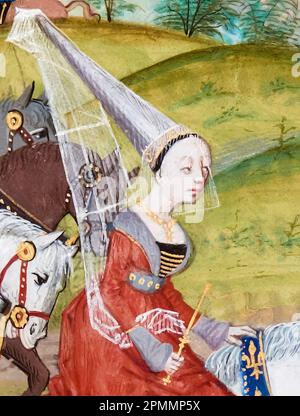 Isabella von Frankreich (ca. 1295-1358), Königin von England (1308-1327), als Ehefrau von König Edward II. Und Regentin von England (1327-1330), beleuchtetes Manuskript von Jean Froissart, ca. 1475 Stockfoto