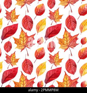 Nahtloses Muster mit handbemalten Herbstblättern in Aquarellfarben. Herbstkollektion,perfekt für Ihr Projekt,Hochzeit,Grußkarte,Fotos,Blogs,Tapete,p Stockfoto