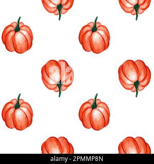 Nahtloser, wässriger Hintergrund mit Kürbissen und Zucchini. Großartig für Halloween, Herbstparty, Stoffdruck und Geschenkpapier. Für die Konstruktion von Autu Stockfoto
