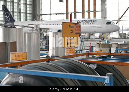 Das Oberste, Deutschland. 12. April 2023. Im Lufthansa Hangar, Wartungshalle, befindet sich ein Passagierjet des Lufthansa Airbus A321. ? Kredit: dpa/Alamy Live News Stockfoto