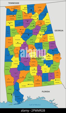 Farbenfrohe politische Karte von Alabama mit klar gekennzeichneten, getrennten Schichten. Vektordarstellung. Stock Vektor