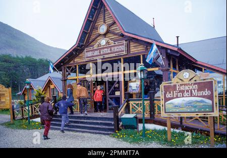 Argentinien, Tierra del Fuego. Bahnhof der 'Fin del Mundo'-Bahn. Stockfoto