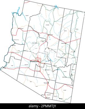 Straßen- und Highway-Karte von Arizona. Vektordarstellung. Stock Vektor