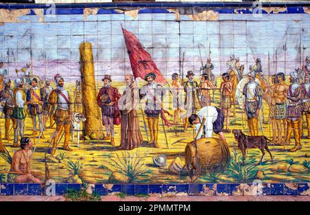 Argentinien, Mendoza. Tableau zeigt die Ankunft der Spanier in Mendoza auf dem Spanischen Platz. Stockfoto