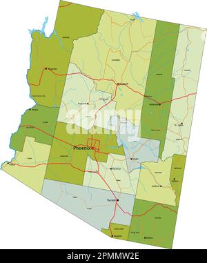 Sehr detaillierte, bearbeitbare politische Karte mit getrennten Schichten. Arizona. Stock Vektor