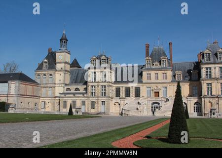 Cour des Adieux des Palastes Fontainebleau und Hauptfassade mit der Horseshoe-Treppe nach der Renovierung im Jahr 2022 und Topiary im Vordergrund Stockfoto