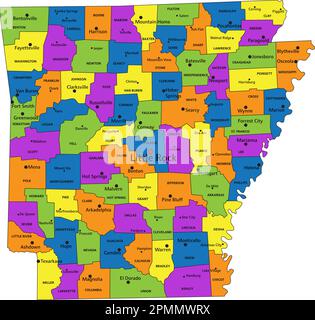 Farbenfrohe politische Karte von Arkansas mit klar gekennzeichneten, getrennten Schichten. Vektordarstellung. Stock Vektor