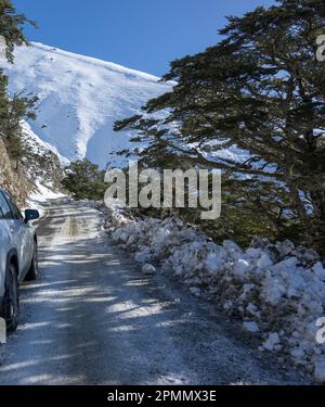 Auto fährt auf glatter, vereister Bergstraße. Schneeketten an den Hinterrädern des Fahrzeugs. Twizel. Südinsel. Vertikales Format. Stockfoto