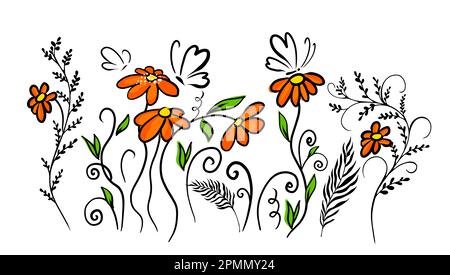 Einfache Blumen mit Schmetterlingslinien. Grußkarte. Vektordarstellung Stock Vektor