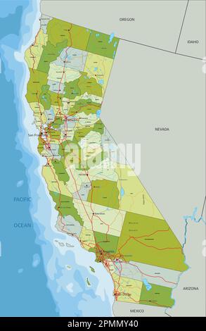 Sehr detaillierte, bearbeitbare politische Karte mit getrennten Schichten. Kalifornien. Stock Vektor