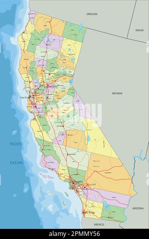 Kalifornien - sehr detaillierte, bearbeitbare politische Karte mit Beschriftung. Stock Vektor