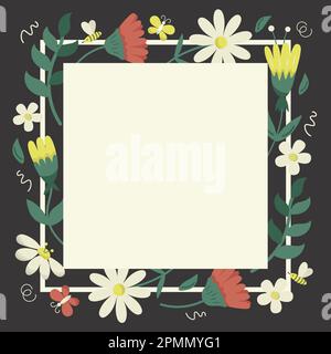Im Frühling erblühende Cartoon-Blumen mit verschiedenen Flachblumen. Vorlage für Vektorbanner. Blumenrahmen. Stock Vektor