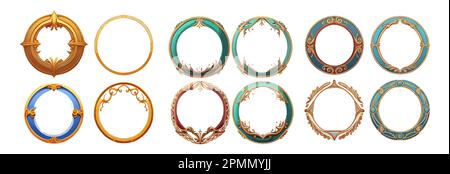 Legt die Vektordarstellung des ui-Ringrahmens in Goldfarbe mit Edelsteinen auf weißem Hintergrund fest Stock Vektor