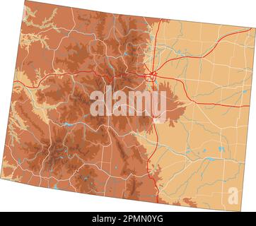 Detaillierte physische Karte von Colorado. Stock Vektor