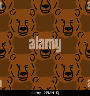 Nahtloses Muster mit Bärenkopf-Illustration im minimalistischen Stil auf braunem Hintergrund Stock Vektor