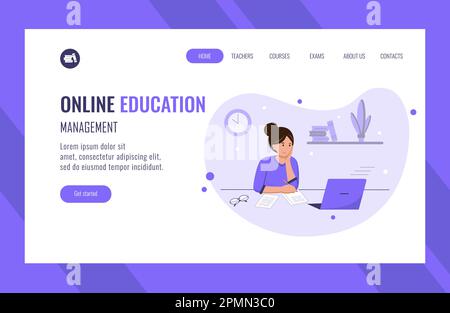 Landing-Page für Online-Bildung mit minimalistischer Darstellung einer Frau, die vor einem Laptop lernt. Freiberufler oder Lernkonzept. Stock Vektor
