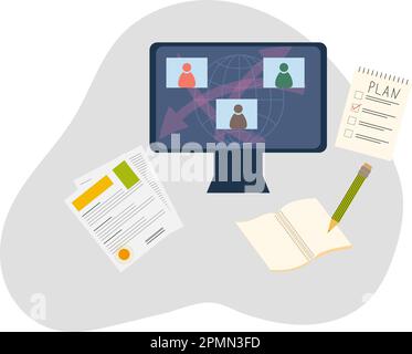 Videokonferenz zwischen Kollegen auf dem Bildschirm. Remote-Arbeit von zu Hause aus. Gruppen-Online-Kommunikation. Vektordarstellung Stock Vektor