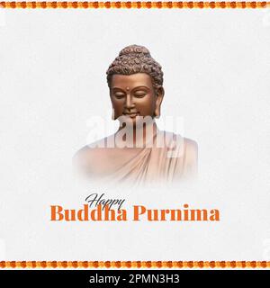 Buddha Purnima, Buddha statue meditation, floral background Stockfoto
