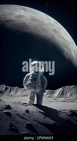 Der Astronaut saß auf der Mondoberfläche und beobachtete das Universum. Der Kosmonaut erkundet neue Reiseziele. Stockfoto