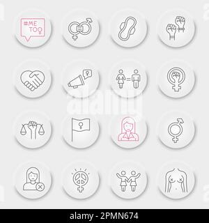 Feminismus-Linien-Symbolsatz, Sammlung zur Geschlechtergleichstellung, Vektorskizzen, pneumorphe UI-UX-Schaltflächen, Feminismus-Symbole, Gleichheitszeichen lineare Piktogramme, bearbeitbare Kontur Stock Vektor