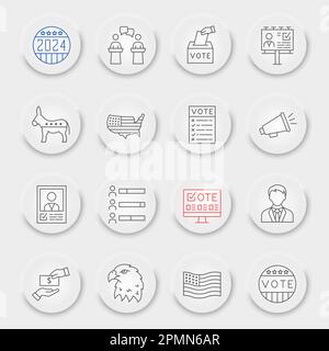Symbolsatz für Abstimmungs- und Auswahllinien, Sammlung von Abstimmungen, Vektorskizzen, pneumorphe UI-UX-Schaltflächen, Auswahlsymbole, 2020-Zeichen-lineare Piktogramme abstimmen, bearbeitbare Kontur Stock Vektor