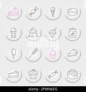 Sweets Line Symbolset, Desserts Sammlung, Vektorskizzen, pneumorphe UI UX Schaltflächen, Süßwarensymbole, Gebäckschilder lineare Piktogramme, bearbeitbare Kontur Stock Vektor