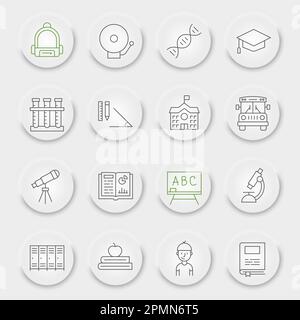 Symbolsatz für Schullinien, Sammlung von Bildungssymbolen, Vektorskizzen, pneumorphe UI UX-Schaltflächen, Symbole für die Rückkehr zur Schule, lineare Piktogramme für Wissensschilder, bearbeitbare Kontur Stock Vektor