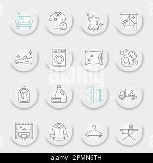 Symbolsatz für Reinigungslinien, Sammlung von Wäschesymbolen, Vektorskizzen, pneumorphe UI UX-Schaltflächen, Symbole für Trockenreinigung, lineare Piktogramme für Waschschilder, bearbeitbare Kontur Stock Vektor