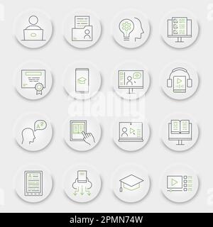 Online-Bildungs-Liniensatz, Sammlung von Symbolen für Fernunterricht, Vektorskizzen, pneumorphe UI UX-Schaltflächen, Online-Lernsymbole, lineares Piktogramm-Paket für Bildungs-Schilder Stock Vektor