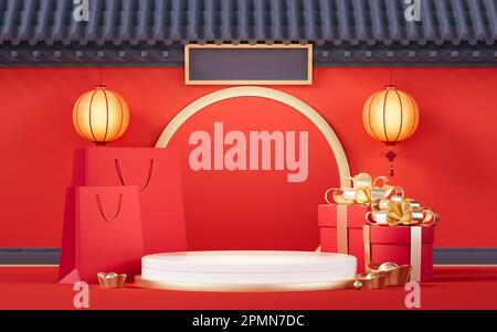 Leere Bühne mit antikem chinesischem Gebäude, 3D-Rendering. Digitale Zeichnung. Stockfoto