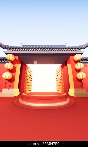 Leere Bühne mit antikem chinesischem Gebäude, 3D-Rendering. Digitale Zeichnung. Stockfoto