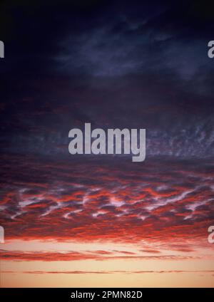 Malerisch. Roter Himmel mit Altocumulus- und Stratocumulus-Wolken in der Dämmerung kurz nach Sonnenuntergang. Stockfoto