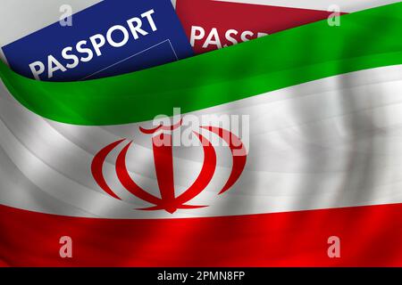 Iranischer Flaggenhintergrund und iranischer Reisepass. Staatsbürgerschaft, legale Einwanderung, Visum, Geschäfts- und Reisekonzept. Stockfoto