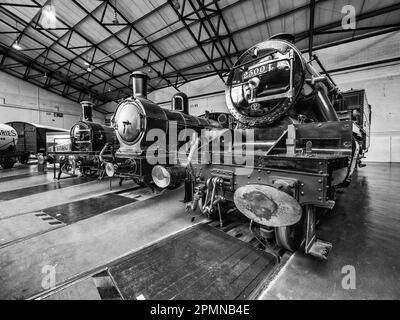 Allgemeines Bild im National Railway Museum in York mit verschiedenen Lokomotiven Stockfoto