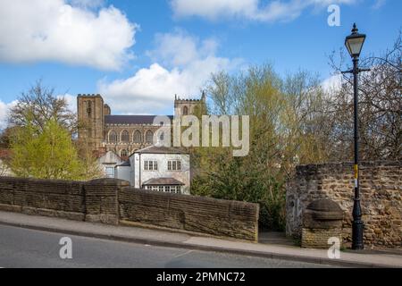 Blick auf die Ripon Cathedral von der New Bridge am Bondgate Green, in der North Yorkshire Stadt Ripon England Stockfoto