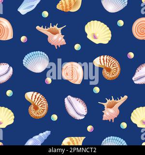 Muscheln Vektormuster auf blauem Hintergrund mit Muscheln und Perlen Stock Vektor