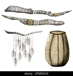 Aquarelle Boho-Innenelemente. Handgezeichnete Farbdarstellung eines Traumfängers, an der Wand hängende Makrame, rund weißes Dekor, Kerzenleuchter Stockfoto