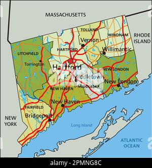 Sehr detaillierte, bearbeitbare politische Karte mit getrennten Schichten. Connecticut Stock Vektor